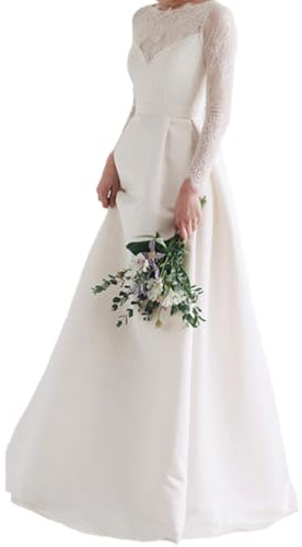 Enigmaire Abito da Sposa Lungo in Pizzo,Abiti da Sposa,Principessa Abiti da Sposa,Senza Schienale Abiti da Sposa da Donna in Tulle in Pizzo,A-Line Vestito da Sposa,Manicas Lunga,per Matrimonio