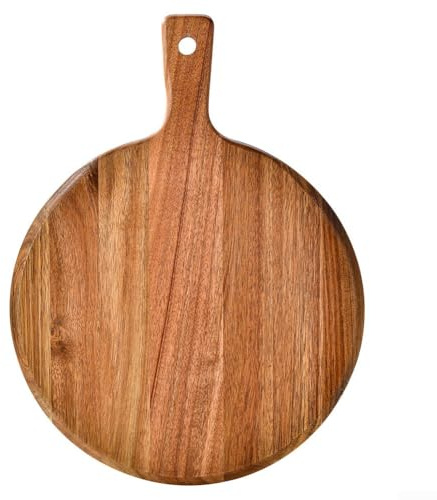 GLFLOW Pizza redonda grande de madera de acacia de 30,5 cm con asa, tabla de cortar de madera y plato rústico para servir queso y entrantes
