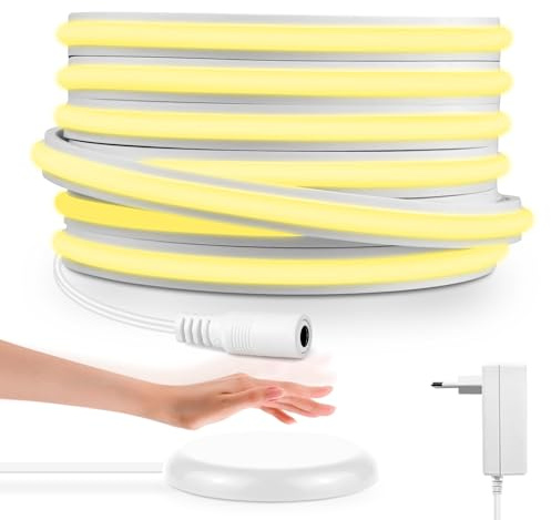 AIMENGTE COB LED Streifen, Dimmbar Warmweiss 3000K 24V 5M LED Streifen, Silikon DIY Flexibel Lichtleiste, CRI>90 Wasserdicht Lichtband für Küche Wohnzimmer Innen Aussenbereich Deko