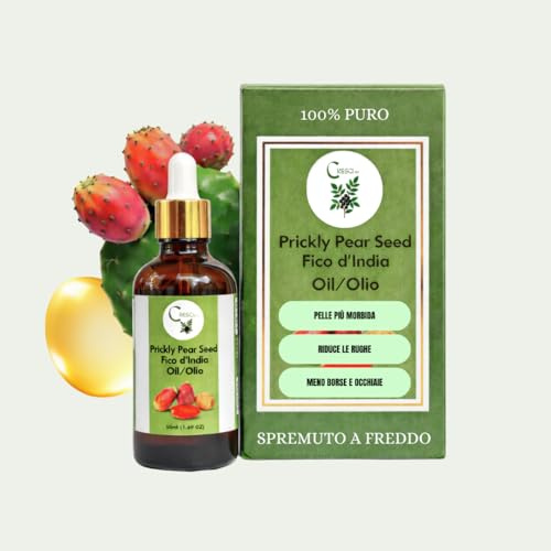 Olio di Semi di Fico d'India 50 ml 100% Puro, Riduce Visibilmente Rughe e Segni del Tempo, Attenua Occhiaie e Borse, Idrata in Profondità la Pelle Secca, Ricco di Vitamina E