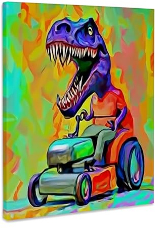 3dRose Funny Cute T-rex Dinosaur riding Lawn Mower cutting grass Museum Grade Canvas Wrap 11x14