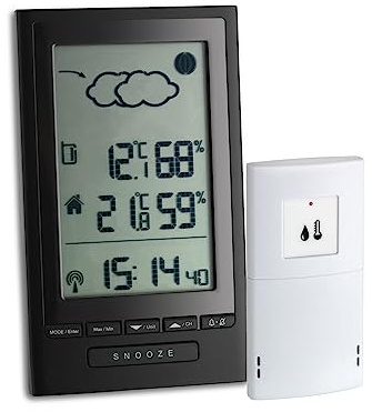 TFA Dostmann 35.1122 Modus Plus Funk-Wetterstation, Wettervorhersage, Außentemperatur, Innentemperatur, Wettersymbole, Luftfeuchtigkeit, L 100 x B 34 (70) x H 168 mm, Schwarz