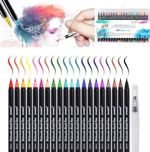 SAYEEC Lot de 20 stylos pinceaux flexibles pour aquarelle de qualité supérieure avec 1 pinceau mélangeur rechargeable Pointe souple et flexible pour livres de coloriage adultes/lettrage débutant