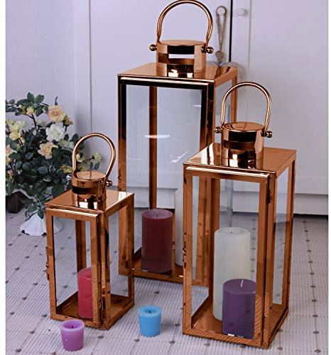 Mojawo® Lot de 3 lanternes de jardin de luxe XXL en acier inoxydable - Photophore en verre - Or rose - 30/40/53 cm - Cuivre