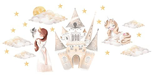 Osomhome Wandtattoo Kinderzimmer Mädchen Prinzessin (170x75cm) | Kinderzimmer Deko Babyzimmer Wanddeko | Wandaufkleber Wandbild Kinderbilder Wandsticker | Castle, Burg, Einhorn os6208