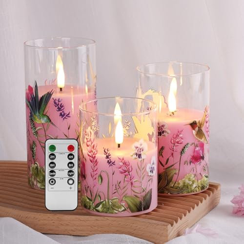 Eywamage Pink Hummingbird Glass Flameless Candles with Remote, Flickering Floral LED Pillar Candles Φ 3 H 4 5 6