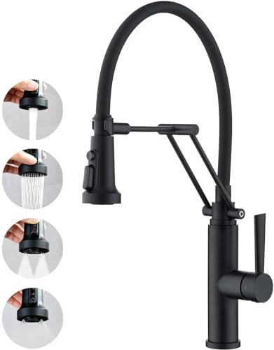 CREA Küchenarmatur mit 4 Wasserstrahlen abnehmbar, Einhebelmischer Armatur Wasserhahn für Küche Spültischarmatur Spülenarmatur faltbar mit Schwarzer flexibler Silikon Weichschlauch, Schwarz