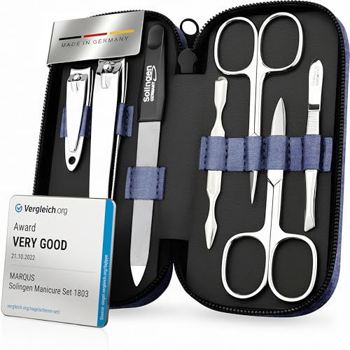 Maniküre Set Solingen - Vergleichssieger - Kunst Leder Etui handlich und weich - 7teiliges Nagelset für Damen und Herren marQus aus glanzvernickeltem poliertem Stahl