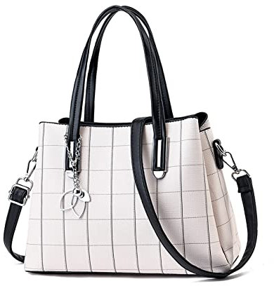 NICOLE & DORIS Damen Handtasche Mittelgross Elegant Handtaschen Karierte Tasche PU Leder Schultertasche Frauen Umhängetasche Modern Henkeltasche mit Anhänger Weiß mit Schwarz