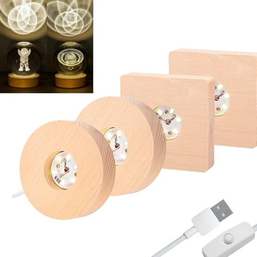 4pcs Wooden Light Base, Round & Square Crystal Sphere Pedestal Stand with USB Cable Switch, Light Display Base for Illuminate 3D Crystal Ball Aroma Stone Resin Art Ornament