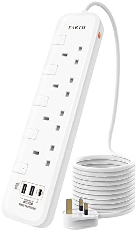 4 Way Extension Lead with USB Slots, 3m Extension Cable Long Heavy Duty Cord, Surge Protected Extension Plug Wall Mount, 3 Metre UK 13a Plug Extension Sockets 4 Gang Power Strip with Switch (3250W)