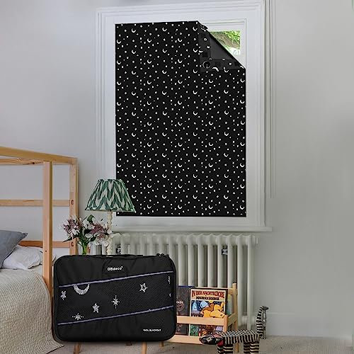 OBdeco Tragbares Verdunkelungsvorhänge Reise Rollo 100% Verdunkelung Saugnäpfe einfach anzubringen passend für Jede Größe und Form(Mond Sterne, 130 x 200 cm)