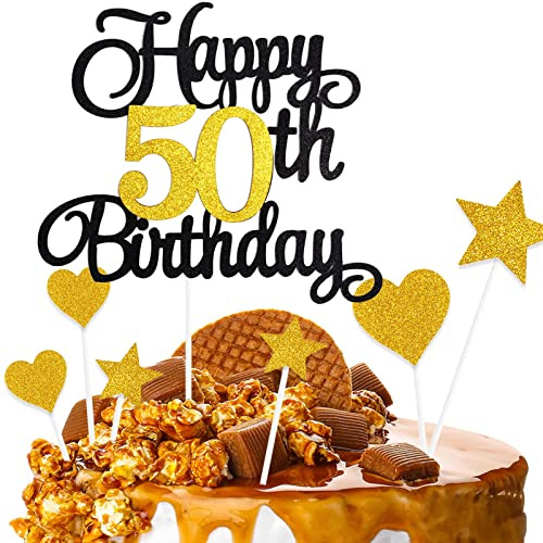 ZHIHUI Cake Decoration, 7-Pieces Personalised Happy 50 Years Birthday Cake Toppers for Boy Girl Kids Happy Birthday Sign for Cake, Glitter Cupcake Topper 50th Birthday Party Supplies (Black & Golden)