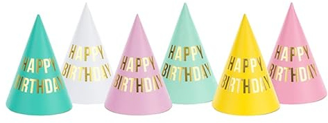 6 CAPPELLINI colori pastello con scritta HAPPY BIRTHDAY oro lucio per party, feste di compleanno ecc. - Cappello cono di carta colorata con elastico
