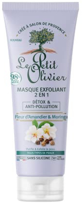 LE PETIT OLIVIER - Masque Exfoliant 2 en 1 Détox & Anti-Pollution - Fleur d'Amandier & Moringa - Purifie - Tous Types de Peaux - 98% d'Origine Naturelle - Sans Silicone - Fabriqué en France - 75 ml