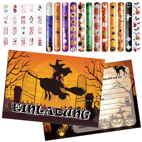 44 Stück Halloween Mitgebsel Kinder, Halloween Einladungskarten Kinder mit Schnapparmband, Wunden Tattoo, halloween Give Aways, Mitgebsel Geschenke kinder Pinata Füllung für Kindergeburtstag Party