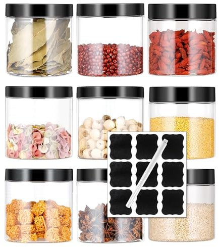 Barattoli Plastica con Coperchio, 9PCS Contenitori Ermetici per Alimenti(250ML), Barattoli per Pasta Dispensa, contenitori piccoli per sali da bagno, oatmeal, cereali, feste, farina piccoli