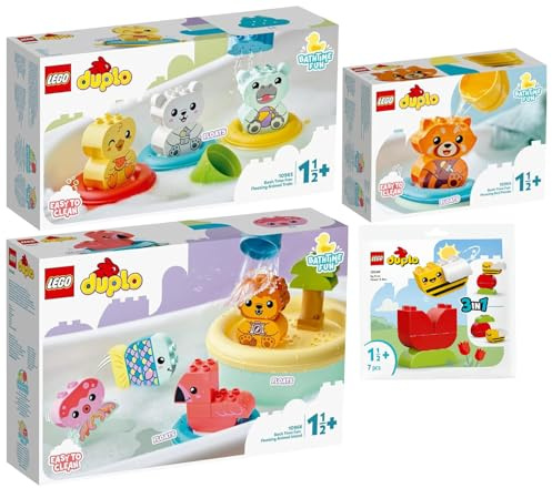 Lego DUPLO 4er Set: 10964 Badewannenspaß: Schwimmender Panda, 10965 Badewannenspaß: Schwimmender Tierzug, 10966 Badewannenspaß: Schwimmende Tierinsel & 30686 Meine erste Blume mit Biene