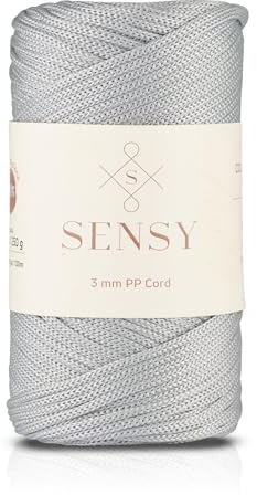 Sensy Premium 3 mm 130 Yards Polyester-Seil, 100 % Polypropylen, Makramee-Schnur, 3 mm, Häkelnadel, Makramee-Seil, Häkelgarn, Geschenk für Stricker (Silber)