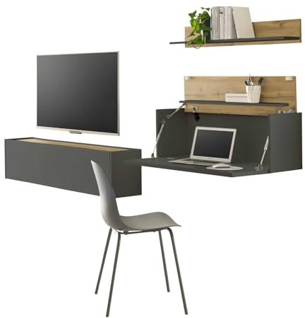 Furn.Design Wohnwand mit Sekretär/Schreibtisch in grau matt und Wotan Eiche Wohnkombination 3-teilig Wohnzimmer Schrankwand mit Home Office Arbeitsplatz Büromöbel 270 x 170 cm Center (Set 1)