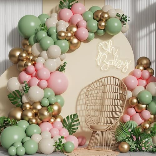 Pink and Green Balloon Arch Garland Kit,137pcs Sage Green and Pastel Pink White Sand Gold Balloons for Boho Girls Woodland Baby Shower Wedding Jungle Safari Birthday Party Decorations