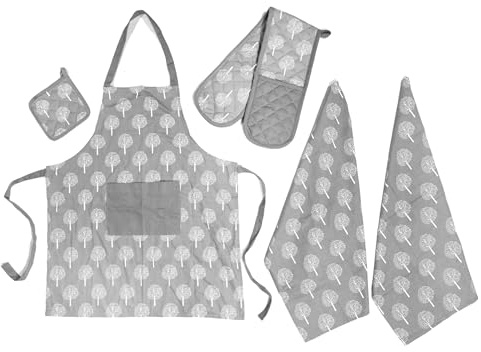 Olivia Rocco Kitchen Sets Apron Double Oven Gloves Towel Set Heat Resistant Oven Mitts Pot Holder for Home Kitchen Baking and Cooking Pack of 5, Trees Silver