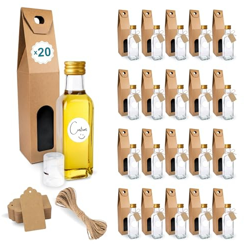 Espirito Rebelde 20 bottiglie in vetro da 100 ml con tappo a vite dorato + 20 scatole + 20 sigilli + 20 etichette personalizzate + 20 etichette Kraft + spago - olio d'oliva, aceto, alcool