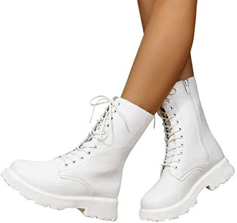 Minetom Damen PU Stiefeletten Boots Frauen Klassische Schnürstiefel Einfarbige Boots Kurzschaft Stiefel
