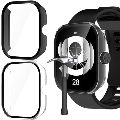 Jvchengxi Funda para Xiaomi Redmi Watch 4 Protector de Pantalla, 2-Piezas Duro PC Carcasa Protectora Antiarañazos Vidrio Templado Protección Completa Estuche Case Redmi Watch 4 (Negro+Claro)
