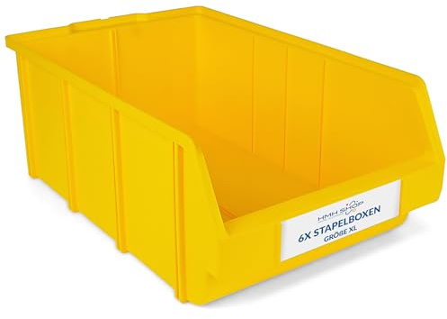 HMH Stapelboxen der Größe XL 489x304x185mm für dein Kleinteilelager, Sortierkisten in 5 Farben, Zubehör wie Deckel Trennsteg Beschriftungsfach Etikett Wandschiene Sichtkästen (Gelb, 6 Stück)