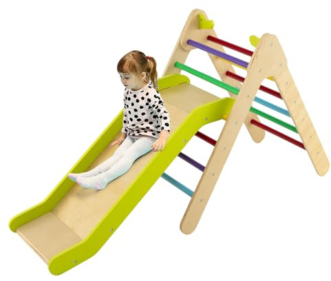 HOMASIS 2 in 1 Kletterdreieck mit Rutsche, Klettergerüst Indoor, verstellbar Kletterspielzeug Kinder Klettern Holz, Kletterleiter Sprossendreieck Spielplatz, Kletterbogen ab 1 Jahren (Bunt)