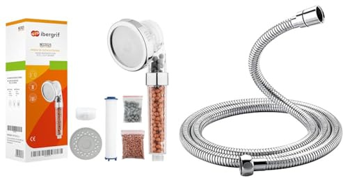 Ibergrif M22025,Pommeau de Douche 3 Modes, Système de Filtration à Trois Étages & GRIFEMA G851-20, Flexible de Douche Universel (G1/2 pouces, 2M), Tuyau de Douche Anti-Torsion et Anti-Pliure