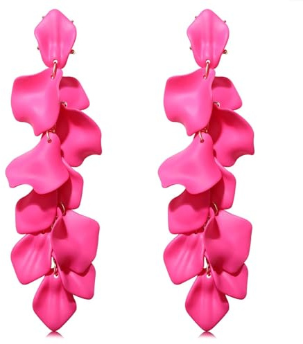 WATEFOER Pendientes Largos de Acrílico Con Pétalos de Rosa Para Mujer - Florales Exagerados Con Borla Para Niña - Regalos de Cumpleaños Para San Valentín (Rosa Vivo)
