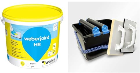 Joint de carrelage adapté piscine,20kg, blanc pur, Haute Résistance, WEBERJOINT HR, WEBER & HELPMATE set de lavage de carreaux 5 pièces : seau en plastique de 12 litres, double rouleaux