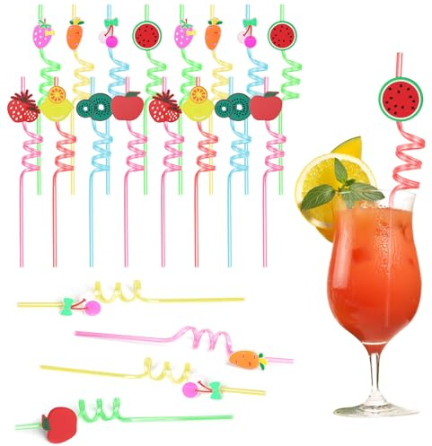 AUAUY 16 Stück Strohhalm Plastik, Wiederverwendbare, Obst | Lockige Kunststoff Strohhalm, Sommer Hawaii Pool Strohhalme, für Geburtstagsfeier Party Deko Weihnachten Party Zubehör