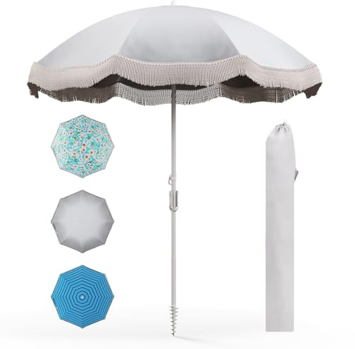 COSTWAY 6FT/6.5FT Beach Parasols with Fringe, UPF50+ Sun Protection Sunshade Shelter with Push Button Tilt, Outdoor Waterproof Tassel Umbrella for Garden Lawn Poolside (Cream White, 6.5ft)