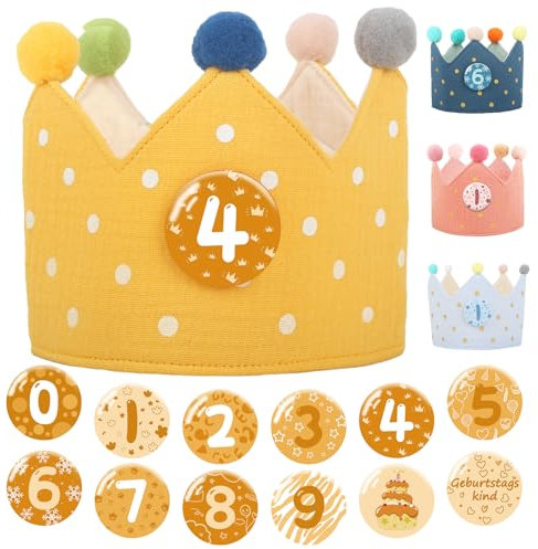 Tutukyle Corona di Compleanno per Bambini Corona Compleanno Corona Stoffa Compleanno Giallo con Numeri da 0 a 10 Cappelli da Festa Decorazioni Compleanno per Ragazzi e Ragazze