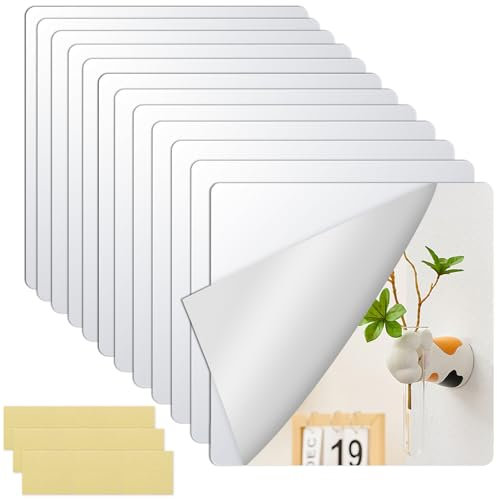 ZOCONE 12 Pcs Stick on Mirror Tiles 20x20 cm Self Adhesive Mirror Stickers 2mm Thick with 48 Double Sided Foam Pads, Acrylic Stick on Mirrors for Walls Square Stick on Tiles Mirror for Home Decor