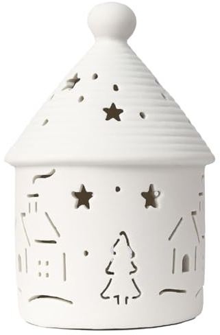 Yeerockal Keramik Weihnachten Dekohaus mit LED Belechtung | 14cm Höhe | LED 2 x LR44 Batterien Inkl | Weiß Teelichthalter Xmas DIY Dekoration (Style B)