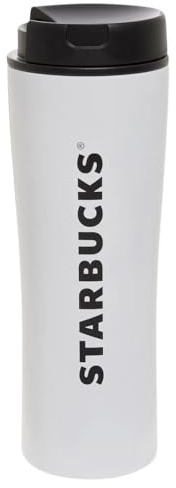 Starbucks Vaso de café al vacío de acero con tapa giratoria negra, blanco, 16 onzas