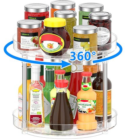 Drucilla 24cm 2-Stöckige Drehteller Kühlschrank Organizer, 360° Drehteller Küche Organizer, Drehplatte Kühlschrank, Drehbares Gewürzregal für Flaschen, Gewürzen
