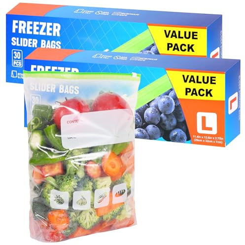 Freezer Bags Ziplock 60pcs, 4.55L Large Food Storage Bags BPA Free Sandwich Bag Reusable Zip Seal Plastic Bag with Expandable Bottom for Food, Meat, Grains, Fruits, Vegetables
