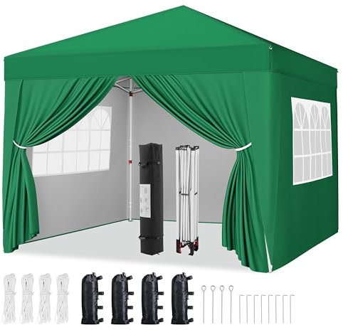 Yaheetech Pop-Up Gazebo 3x3 with 4 Removable Side Panels, Silver-costed Oxford Marquee Canopy with Wheeled Bag & Sandbags, Metal Frame Shelter Tent for Outdoor Garden Party Camping, Dark Green