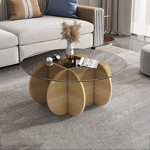 Table basse ronde moderne avec plateau en verre trempé transparent et base en bois massif noyer et blanc pour salon ou terrasse 70 x 40 cm