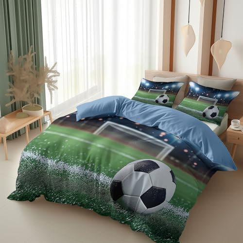 Srigzcaly Ropa de cama de 200 x 220 cm, diseño de fútbol en el campo, funda nórdica transpirable, ligera, microfibra con 2 fundas de almohada, azul juegos de ropa de cama para niños, adolescentes y