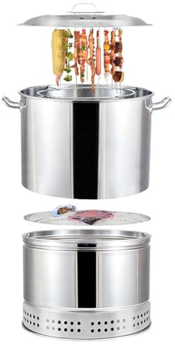 Rauchfreier Holzkohlegrill, Grillfass – Edelstahl, tragbar, Camping-Grillrost mit Rollkorb und Backform + 20 Stück Grillzubehör