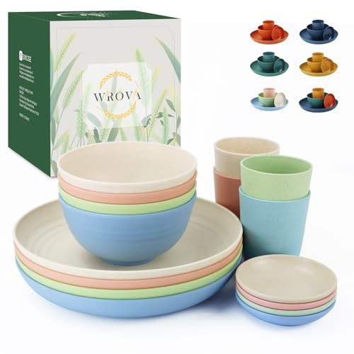 Wrova Set di piatti e ciotole in plastica da 16 pezzi con tazze, servizio per 4 set da tavola infrangibili per cucina, set di stoviglie in plastica riutilizzabili, adatti al microonde e lavabili in