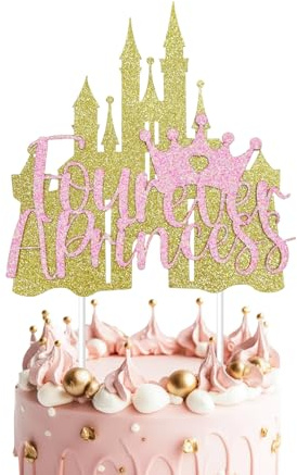 Four Ever a Princess Cake Topper, Princess 4th Birthday Party Decorations Castle Cake Decor Rose Gold Glitter for Four Years Old Girl Little Princess 4th Birthday Party Decor Supplies