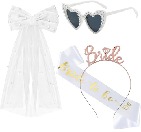 AXERHK 4 Stück Bride Hochzeitszubehör, Bride Perlen Haarreif Bride Haarreif Herz Sonnenbrille Herzbrille, Junggesellenabschied Frauen, Bride to Be Accessoires Braut Bachelorette Party Deko