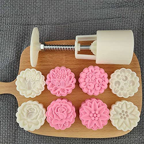 6Pcs/4Pcs Festival Cookie Decorate Mooncake Moulds, Round Non-Stick Cookie Press Mooncake Mould, 3D Flower Shape Kitchen Gadgets(D)